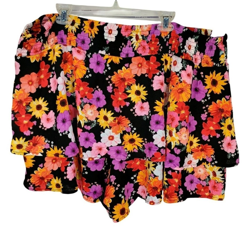 Torrid Floral Smocked Ruffle Tiered Shorts Plus Size 4 Black Pink Orange Yellow